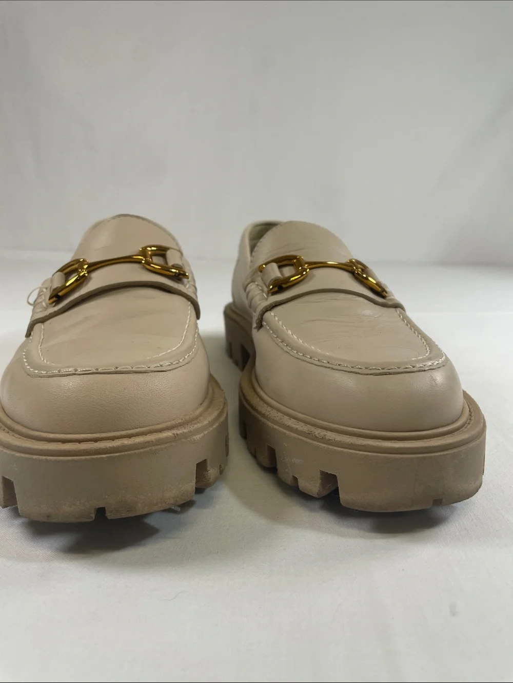 Zara Cream Leather Loafers with Gold Horsebit